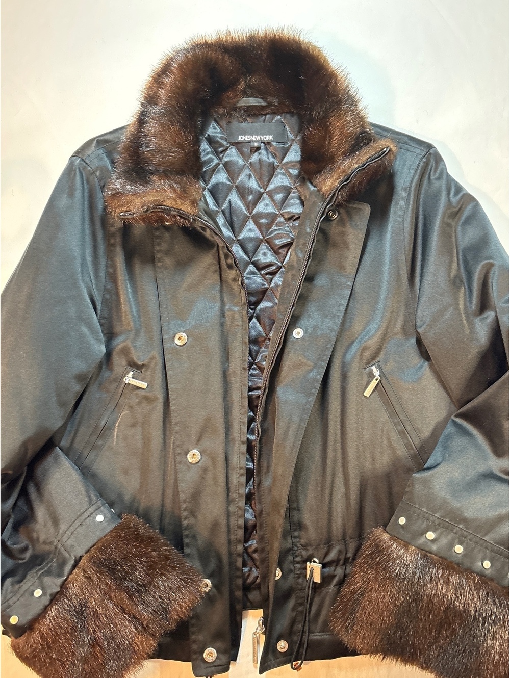 Jones New York Faux Fur Collar Cuff Jacket Black Y2K Quilted Women’s Coat